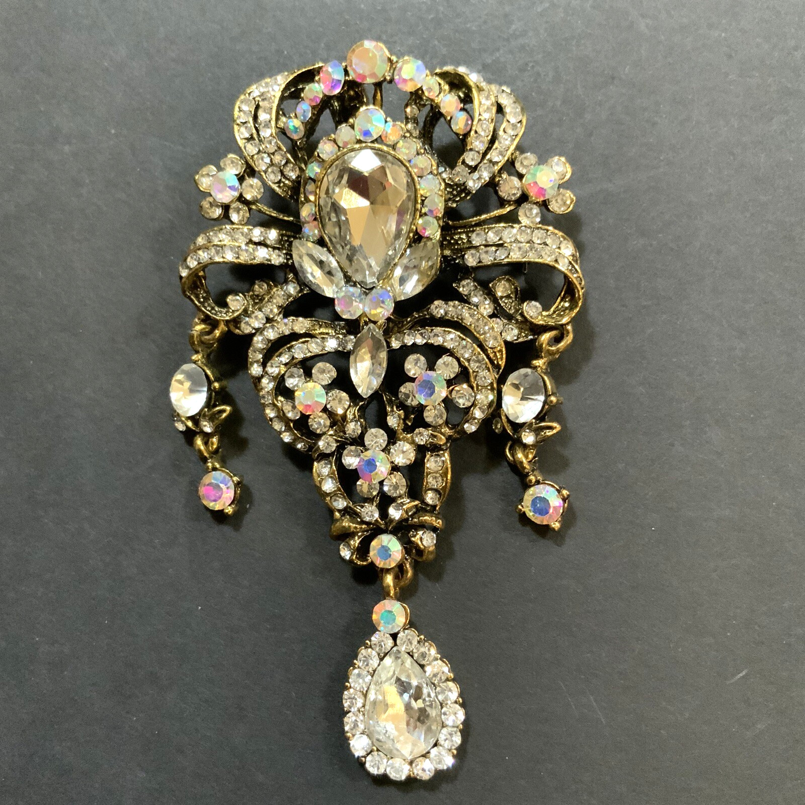 Vintage Rhinestone Brooch Pin or Pendent Dangle Antique Gold Tone 4 in Long