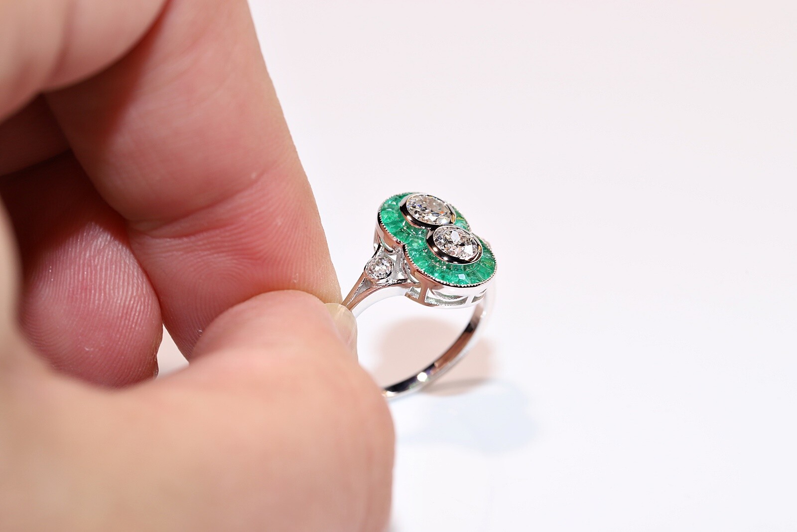 New Made 18k Gold Natural Old Cut Diamond And Caliber Cut Emerald Ring
