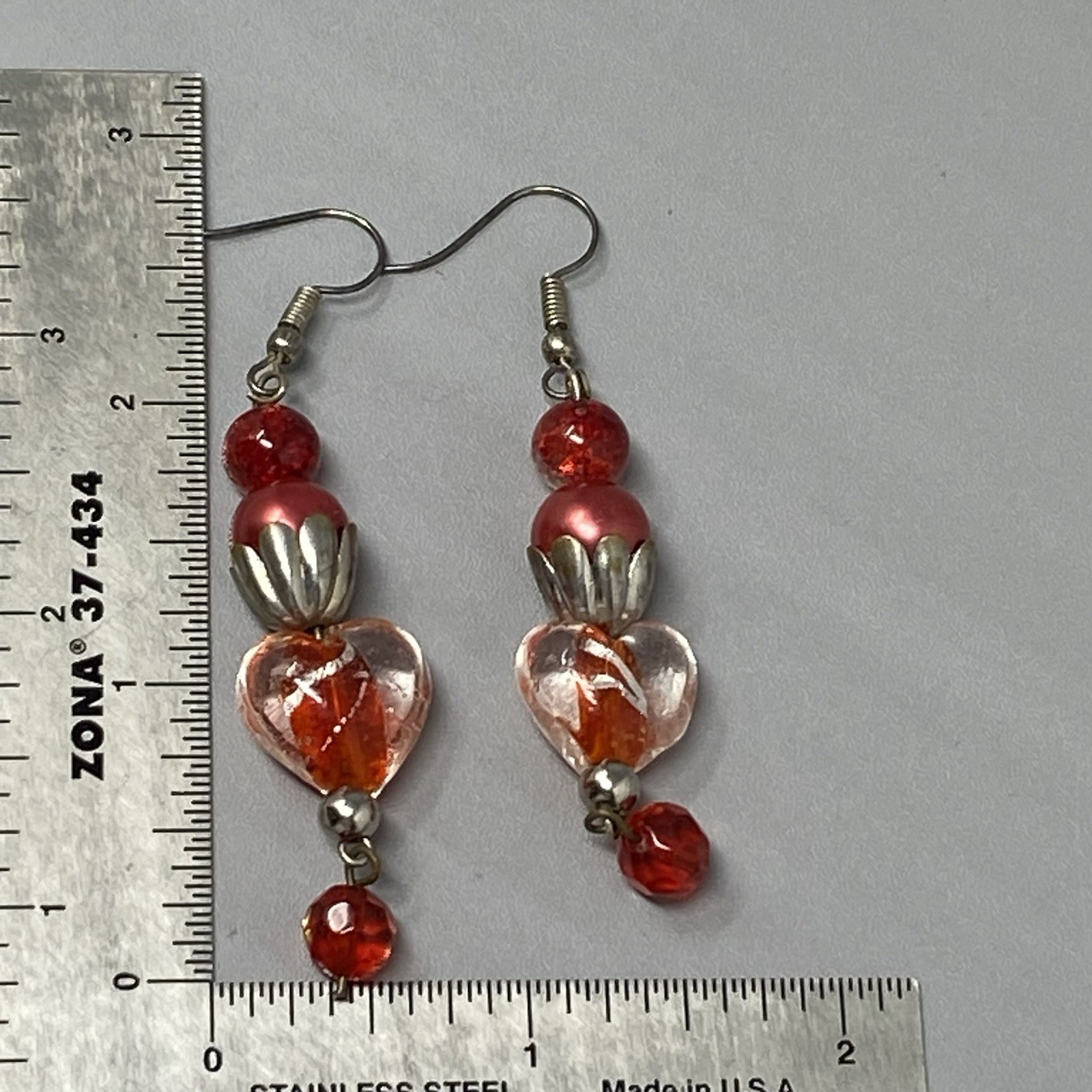 Red Glass Dangle Earrings Fused Heart Crackled Pierced Silver Tone 2.5″