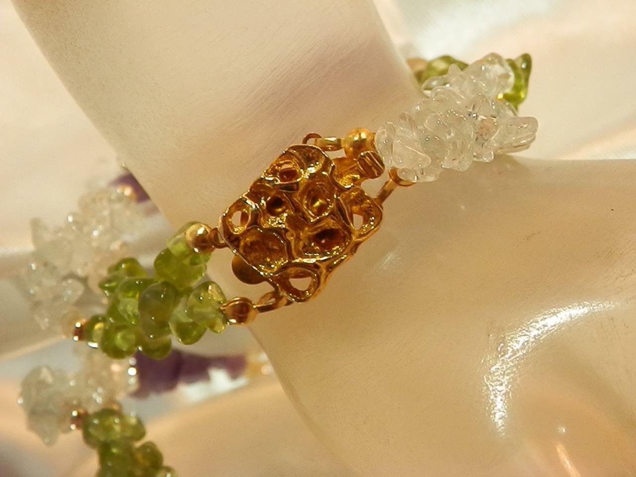 Vintage 80’s Purple Green White Stone 2 Strand Fancy Clasp Bracelet 629n9