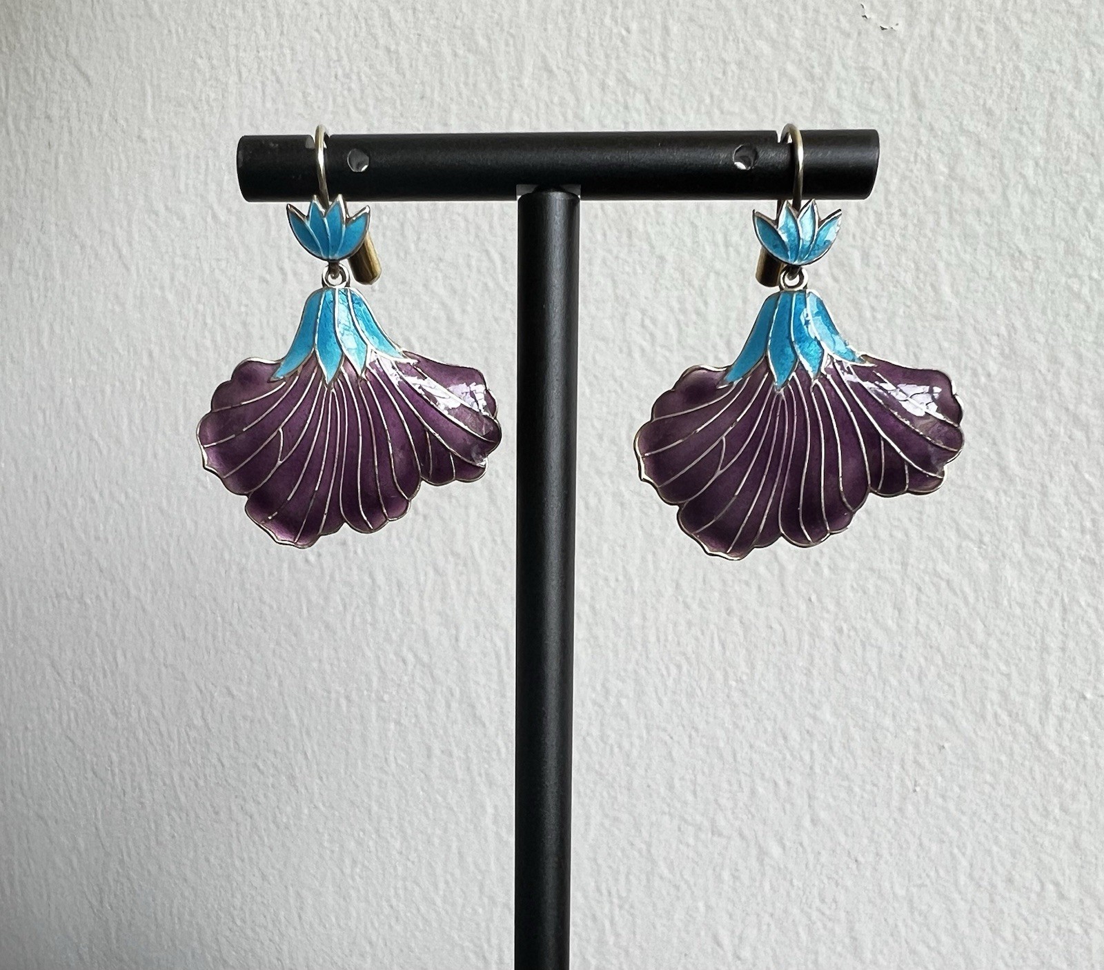 Vintage Shashi Iris Enamel Earrings 925 Sterling Vermeil Purple Turquoise