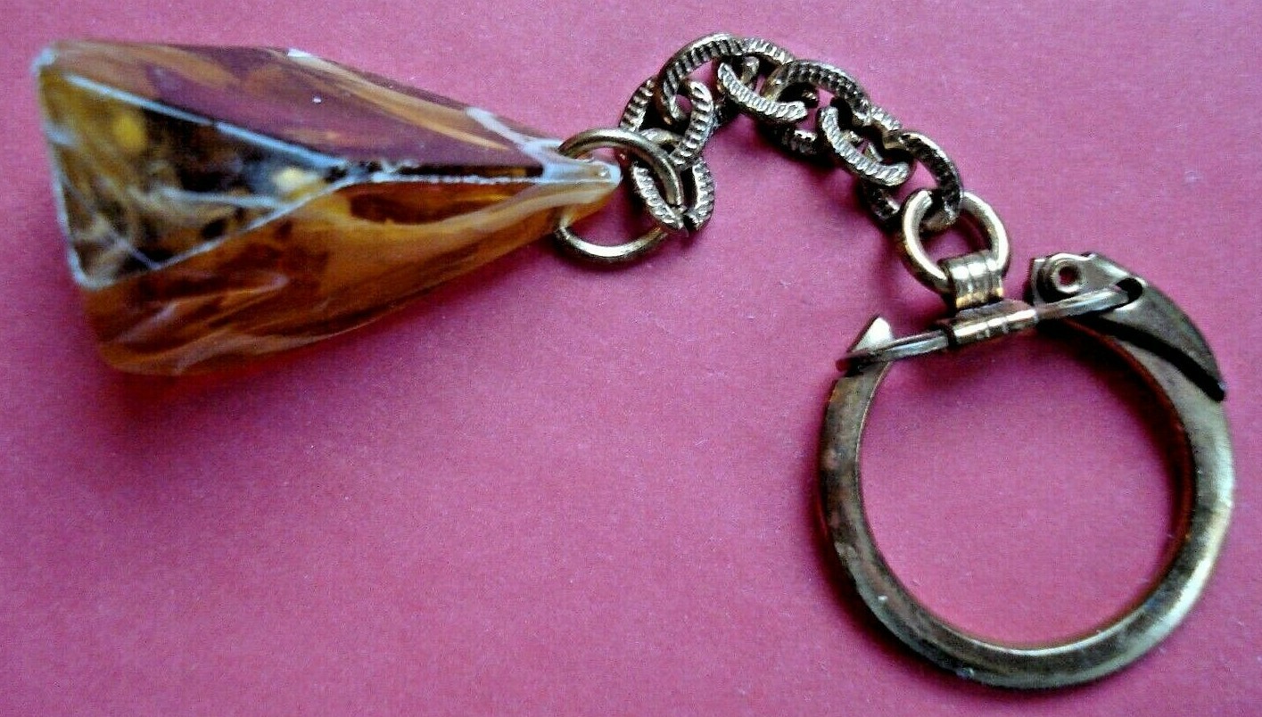 Rare 1960 s Variegated Keychain Faux Resin Amber Uncut Stone Snap Ring WOW!
