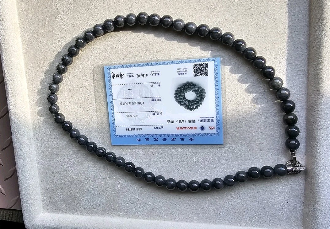 Rare Omphacite Certified Burma Grade A Jadeite Black Charcoal Bead Necklace 9 mm