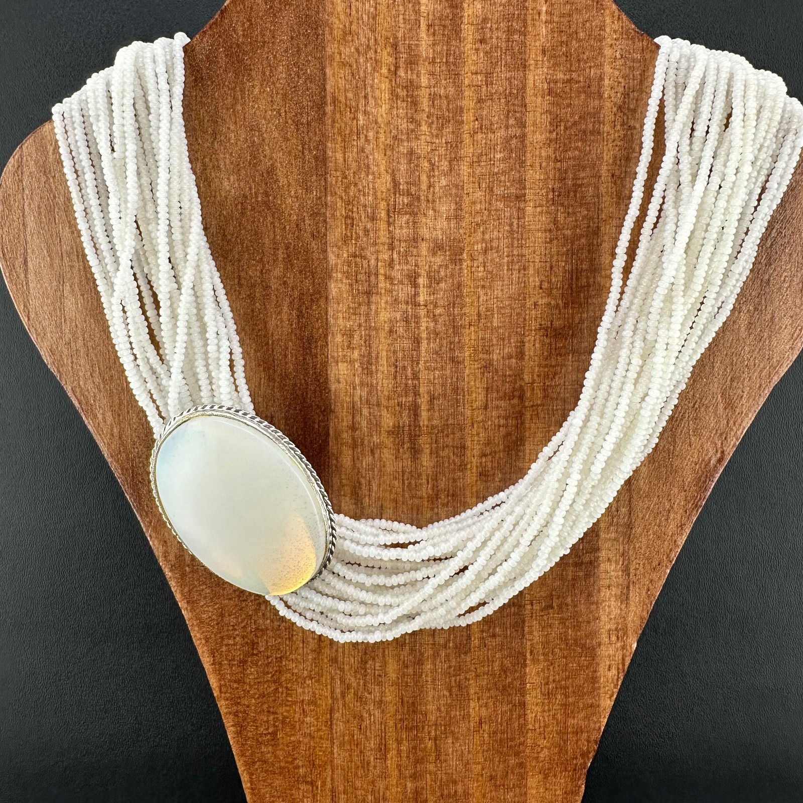 Vintage Seed Bead Opalite Necklace Multi Strand Large Oval Station Pendant 17″