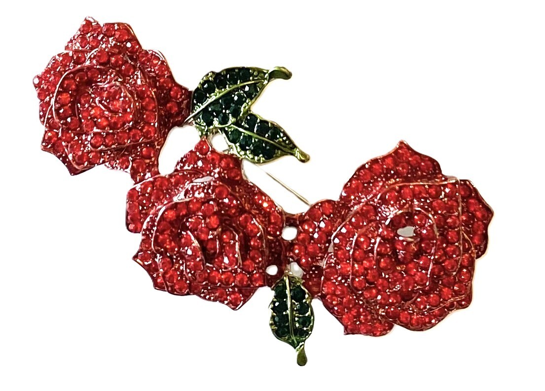 RHINESTONE FLOWER BROOCH! Stunning Red Rose Trinity Pin! Amazing Red Crystals!