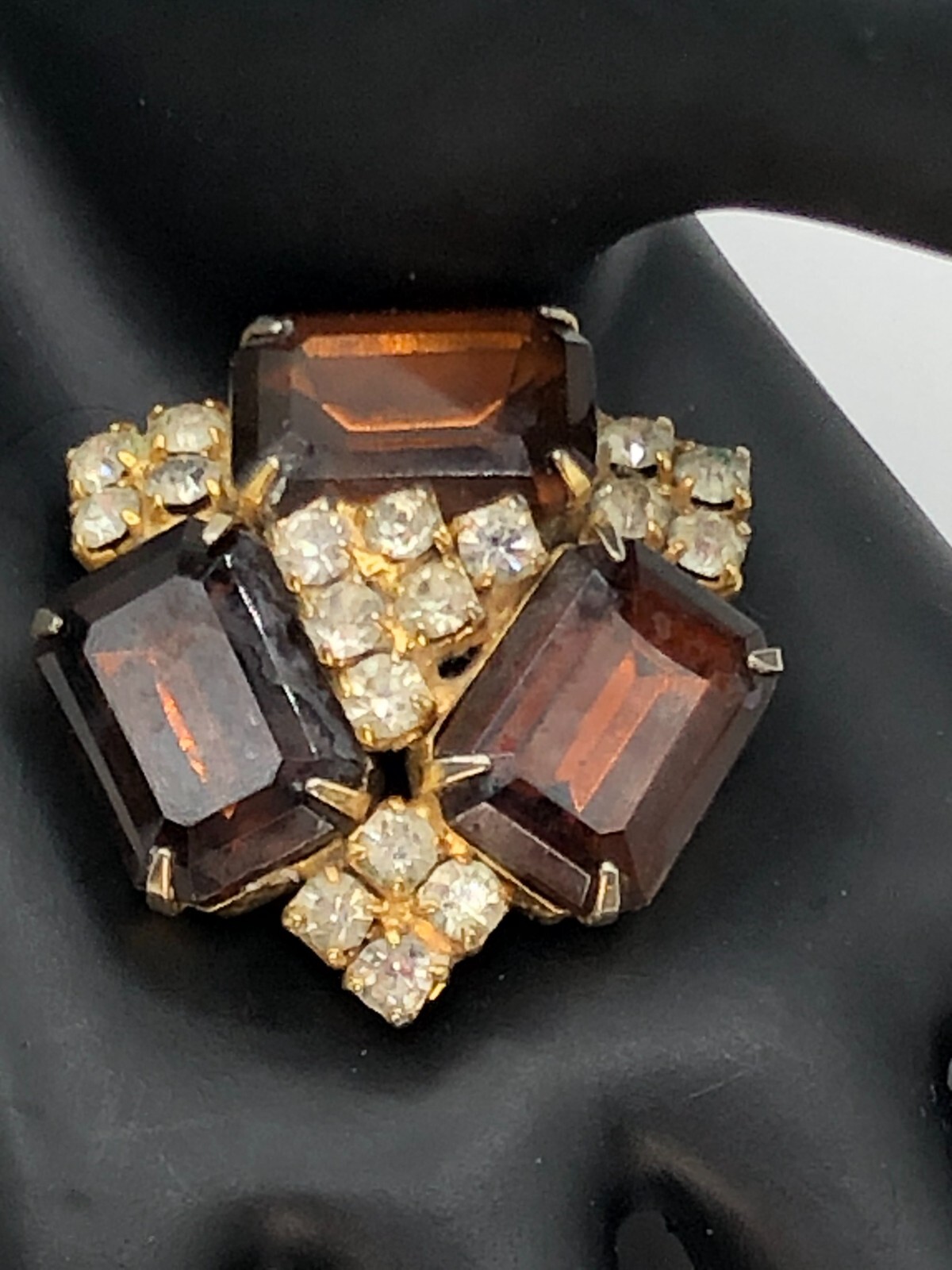 Vintage Gold Tone Amber Emerald Cut and Round Clear Rhinestone Brooch