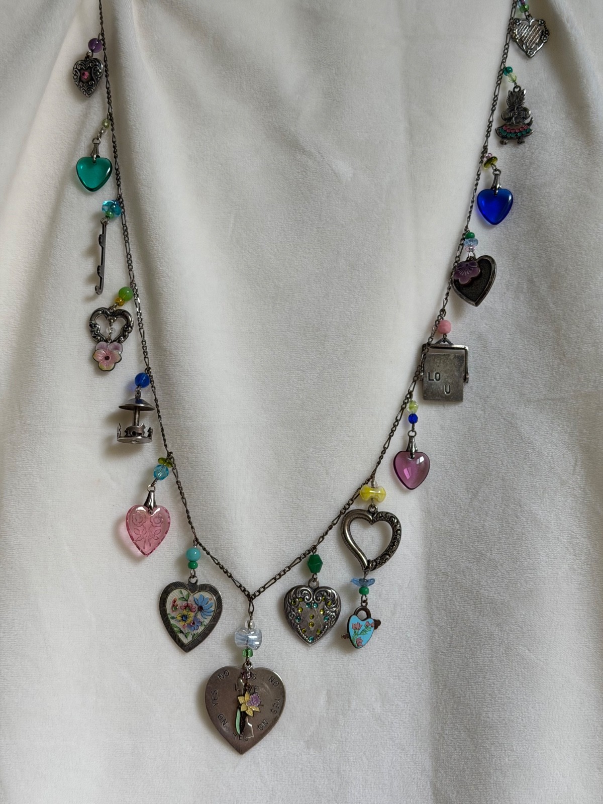 Vintage Glass Works Studio 32″ Multi Charm Necklace Love Me Spinner I Love You G