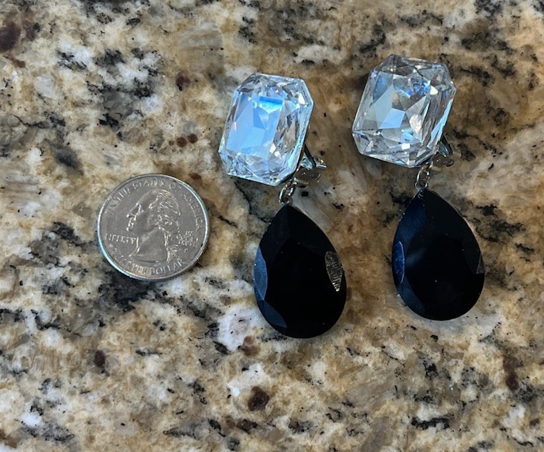 Vintage Glass Black Clear Faceted Crystal 2.5” Statement Drop Clip On Earrings