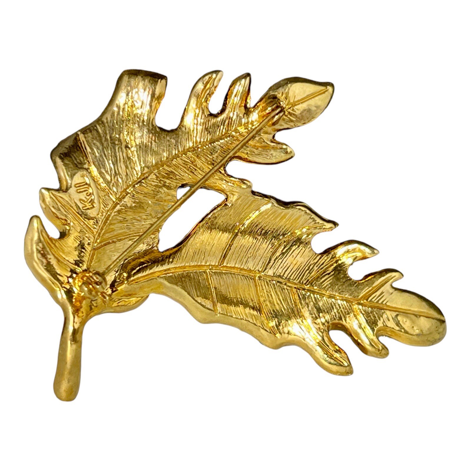 Gold Tone Kenneth J Lane KJL Signed Leaf Leaves Brooch Rhinestones With Box
