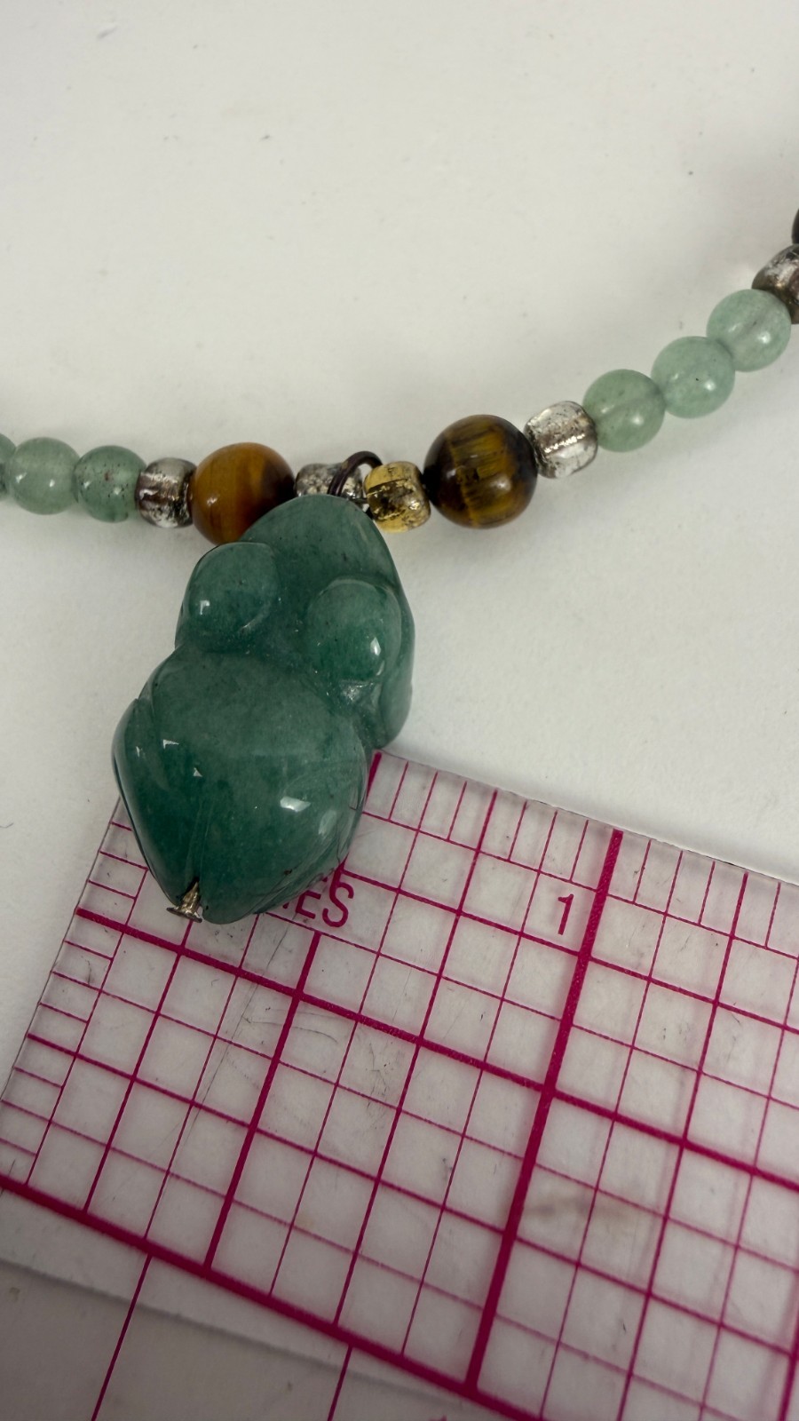 Green Aventurine & Tiger’s Eye Beaded Necklace | Carved Stone Frog Pendant 18″