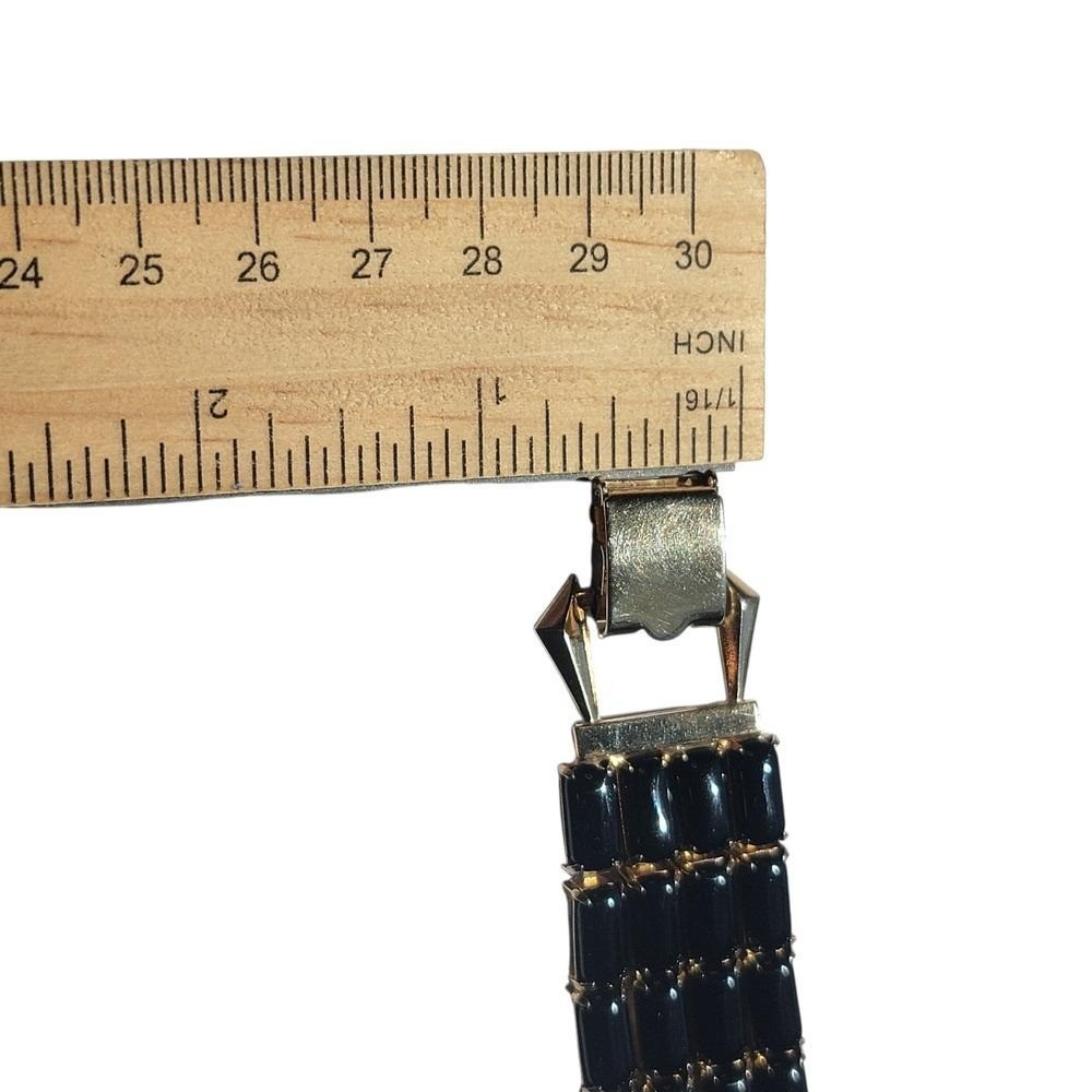 Vintage Black Glass Panel Bracelet Gold Tone Retro Mid Century Costume Jewelry