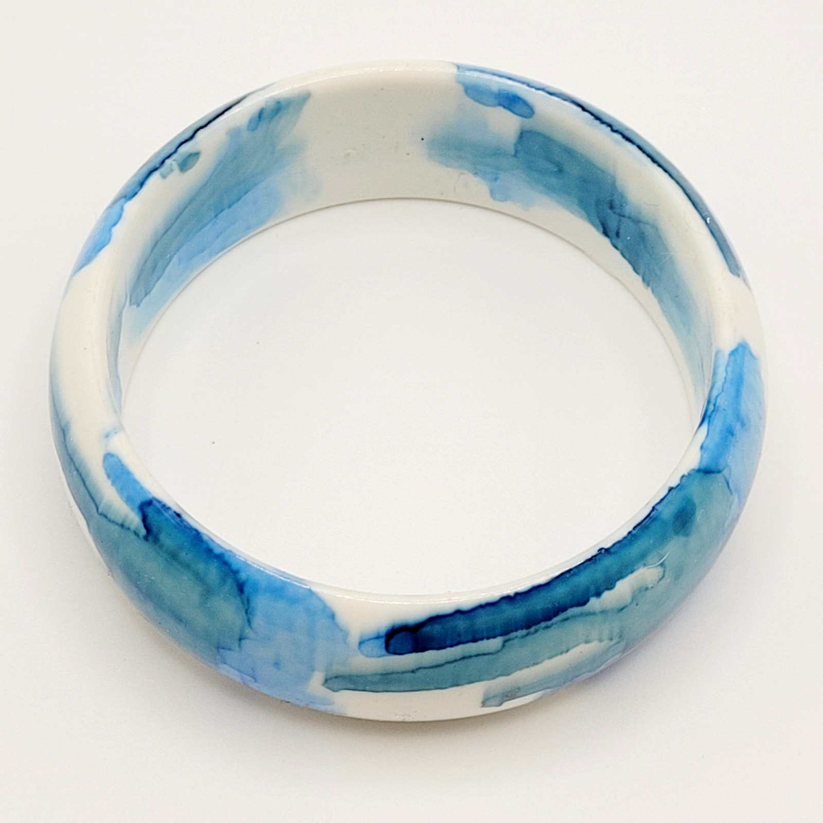 Marbled Watercolor Ink Blot Design Blue White Acrylic Chunky Bangle Bracelet