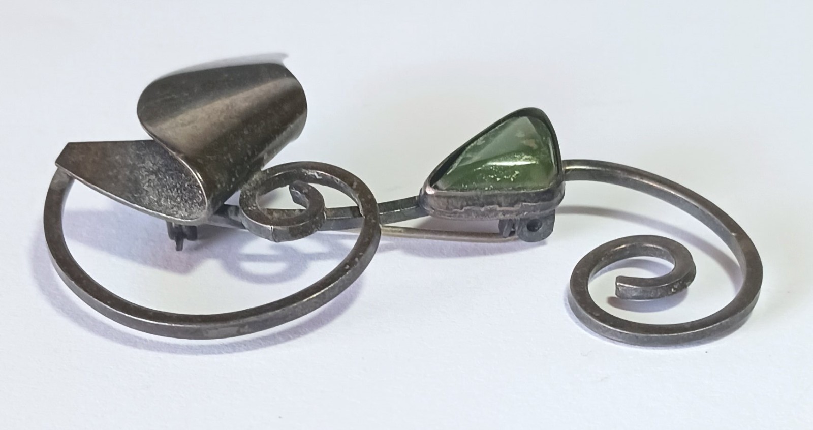 Vintage Dark Metal Swirls Brooch w/ Triangular Dark Green Stone (Jade? Agate?)