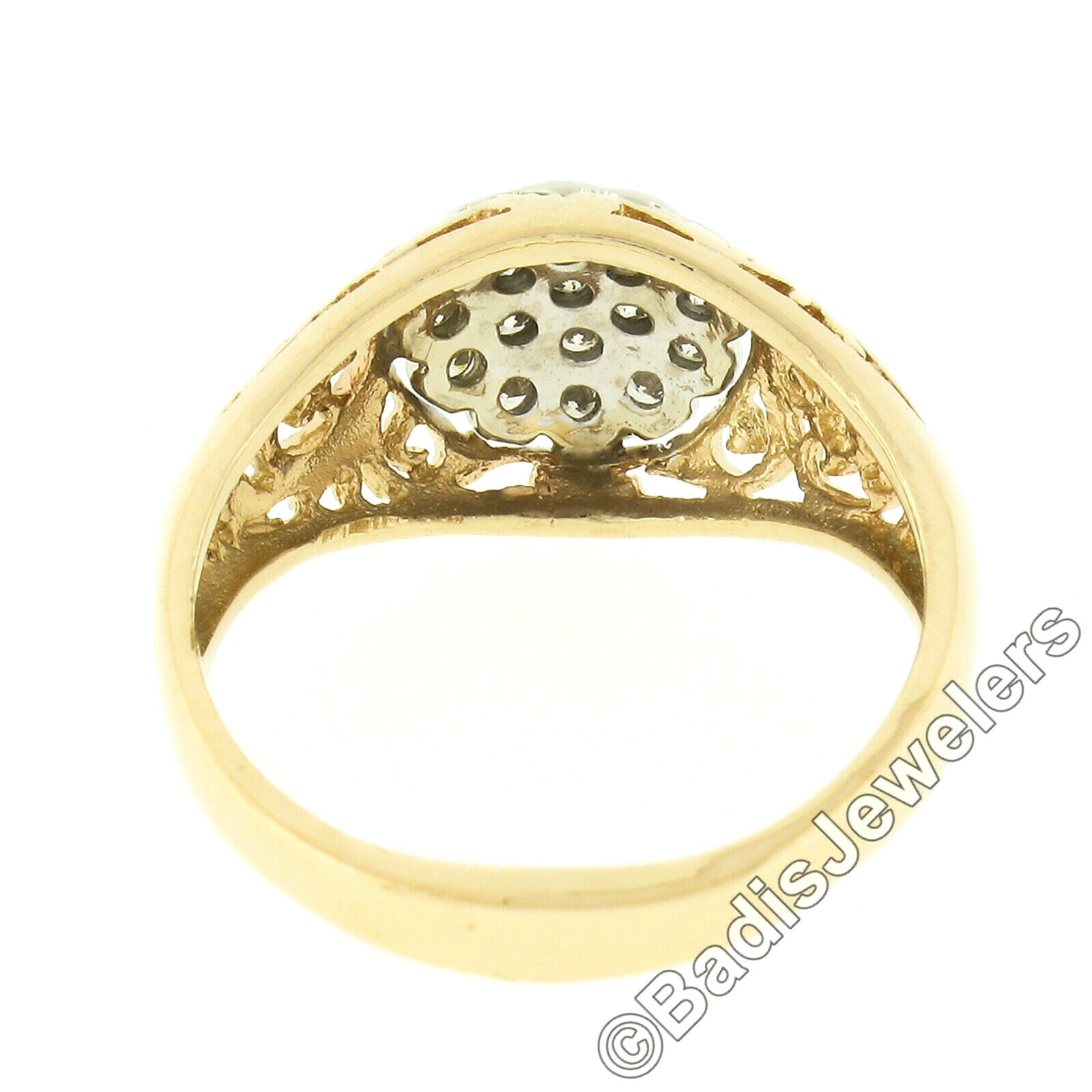 Vintage 14k TT Gold .35ct Round Pave Diamond Cluster Open Scroll Work Domed Ring