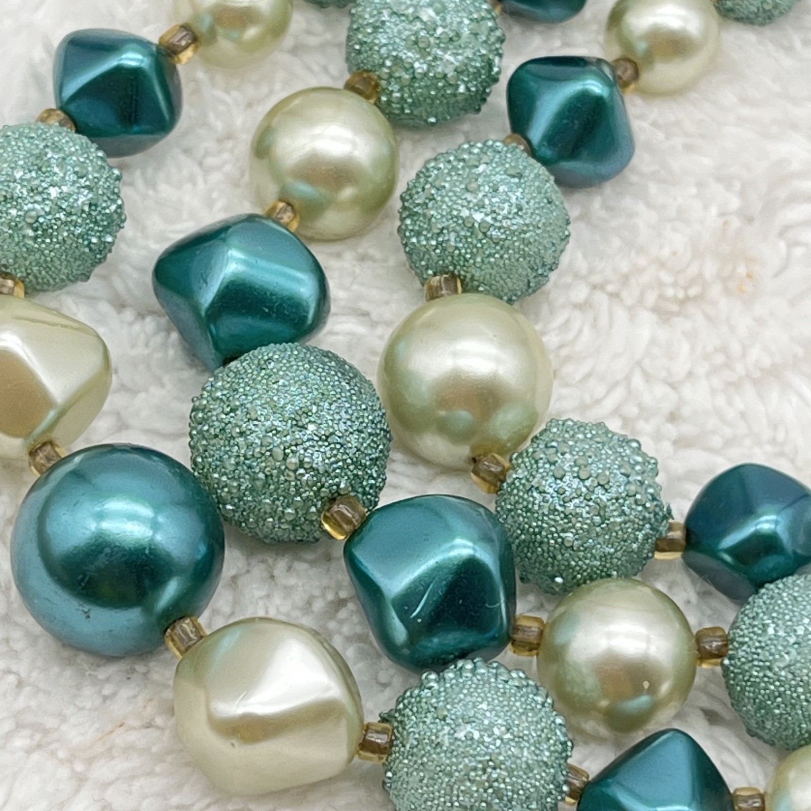 Vintage Green Plastic Jewelry Set Green Beads Triple Strand Necklace Earrings