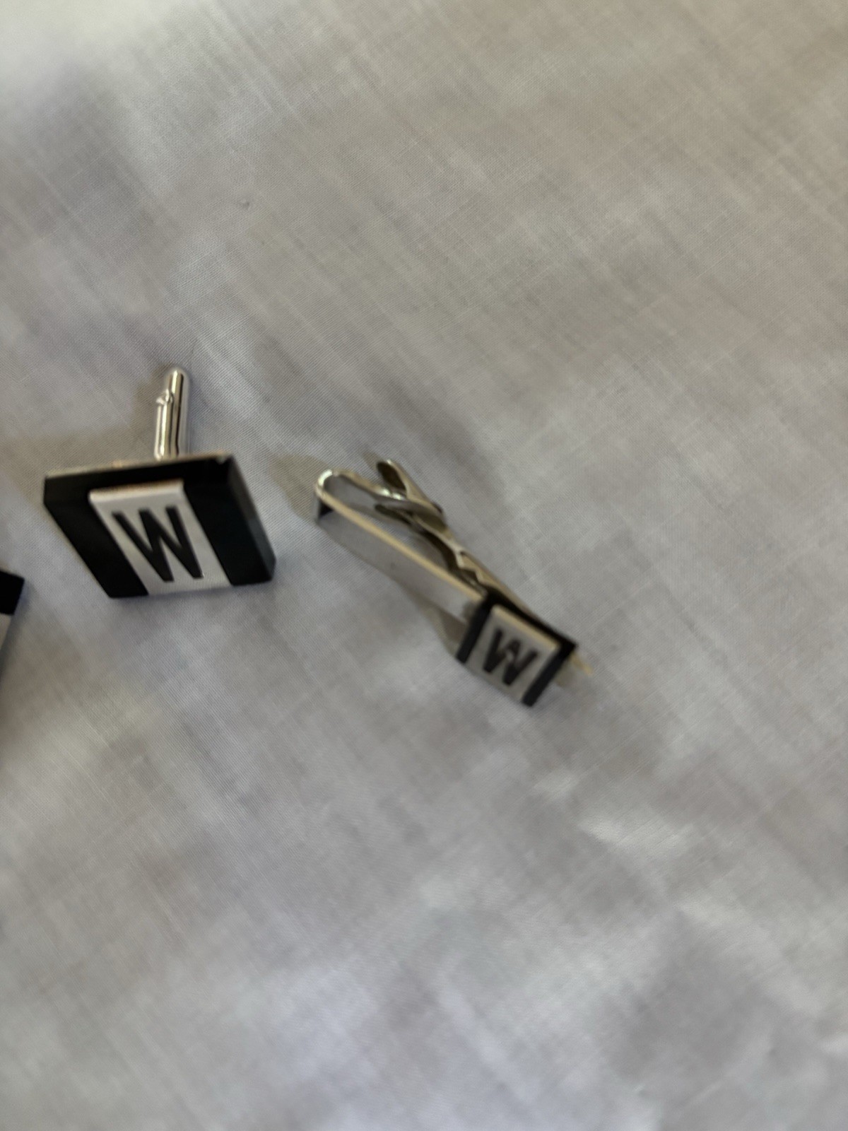 Vintage SWANK Cuff Links Tie Clip “W” Set Initial Silvertone Black Signed