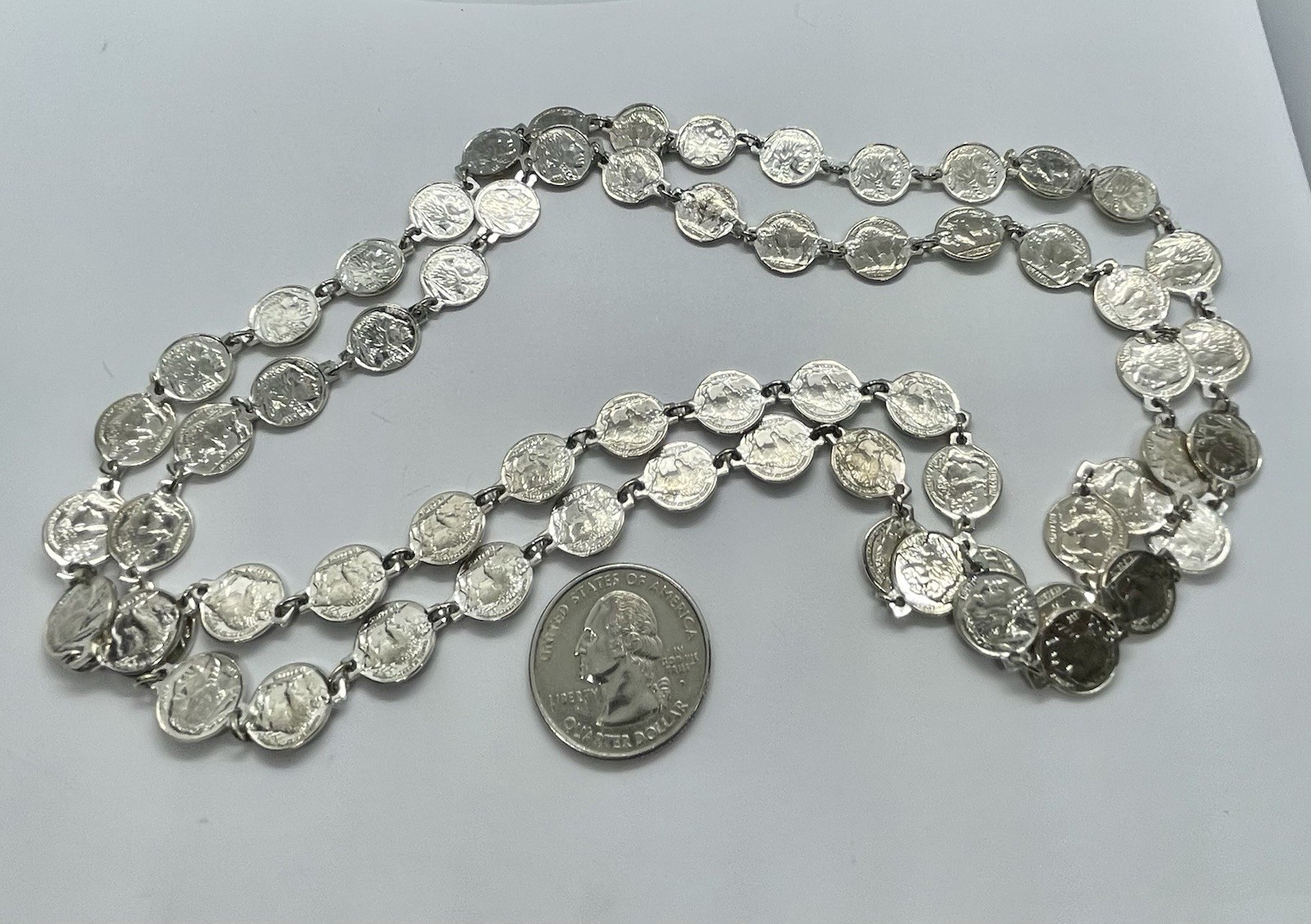 Vintage Southwest Miniature Buffalo Nickel Silvertone Necklace 38”