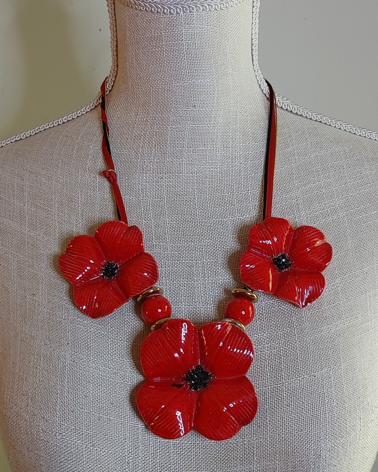 Vintage Y2K Red Enamel Poppy Necklace Ribbon Tie Back Wearable Artsy Statement