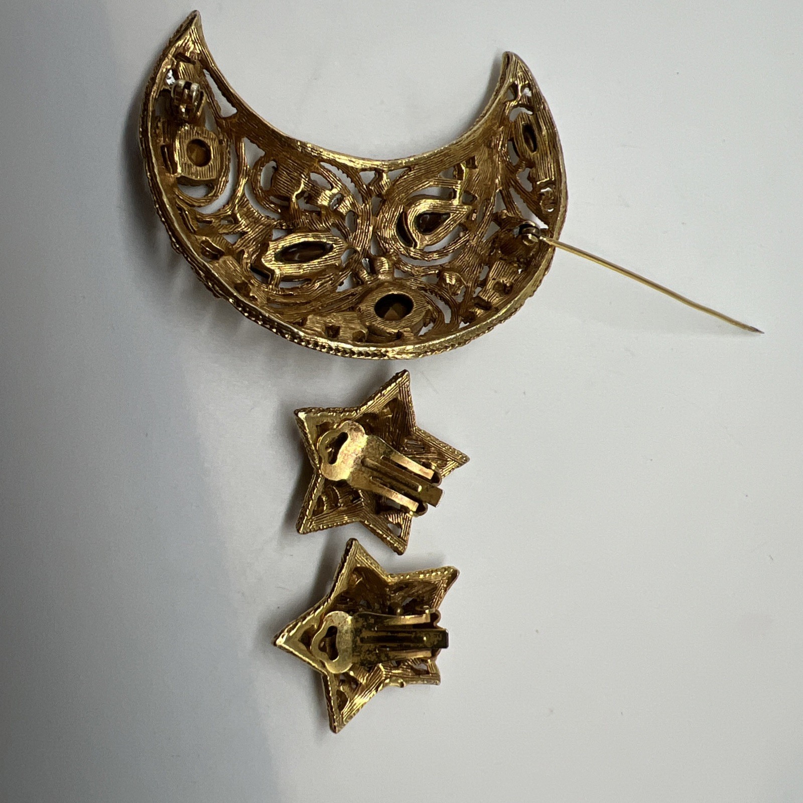 Vtg La Roco Paisley Crescent Half Moon Brooch & Star Earrings Witchy Dark Amber