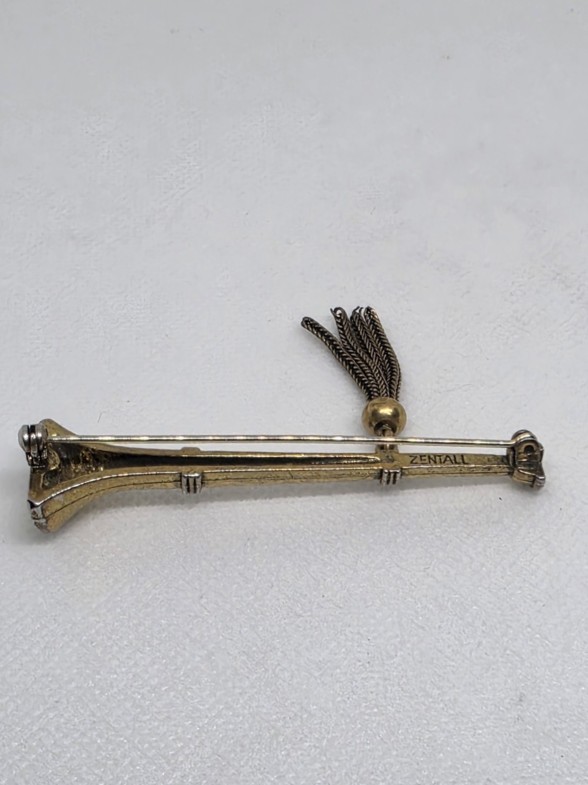Vintage Zentall Trumpet Horn Brooch Gold Tone Tassel Long Bar Pin Signed Rare