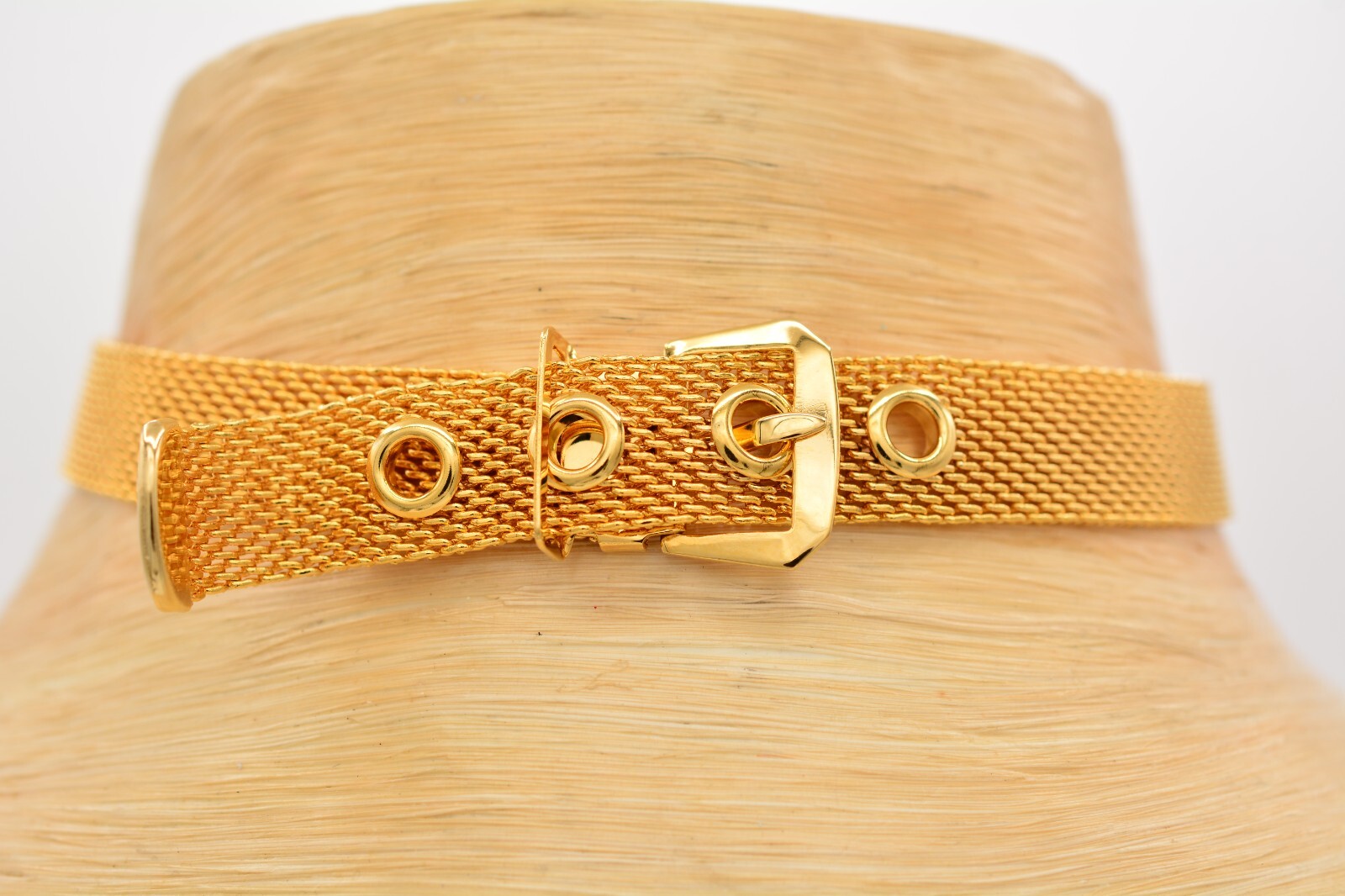 Vintage Choker Necklace Mesh Chain Belt Buckle Collar Gold Chunky NOS 90s Bin4A