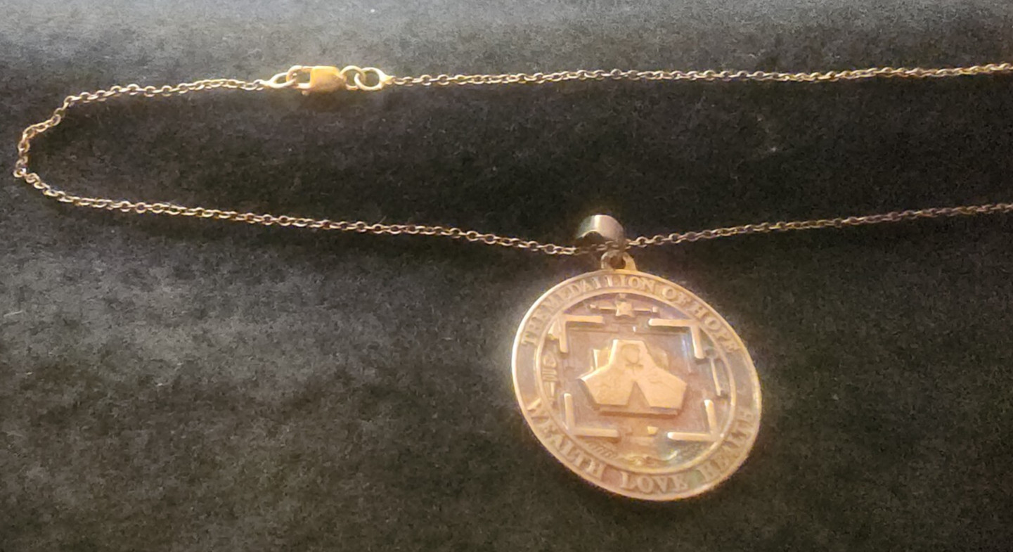 Vintage The Medallion of Hope Wealth Love Health Sterling Gold Wash Necklace