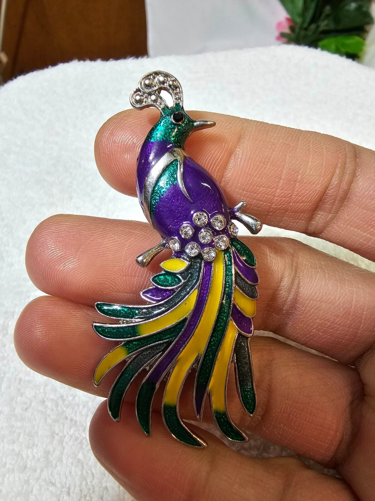 Silvertone Brooch Pin Peacock Bird of paradise Clear Stone & Purple Yellow Green