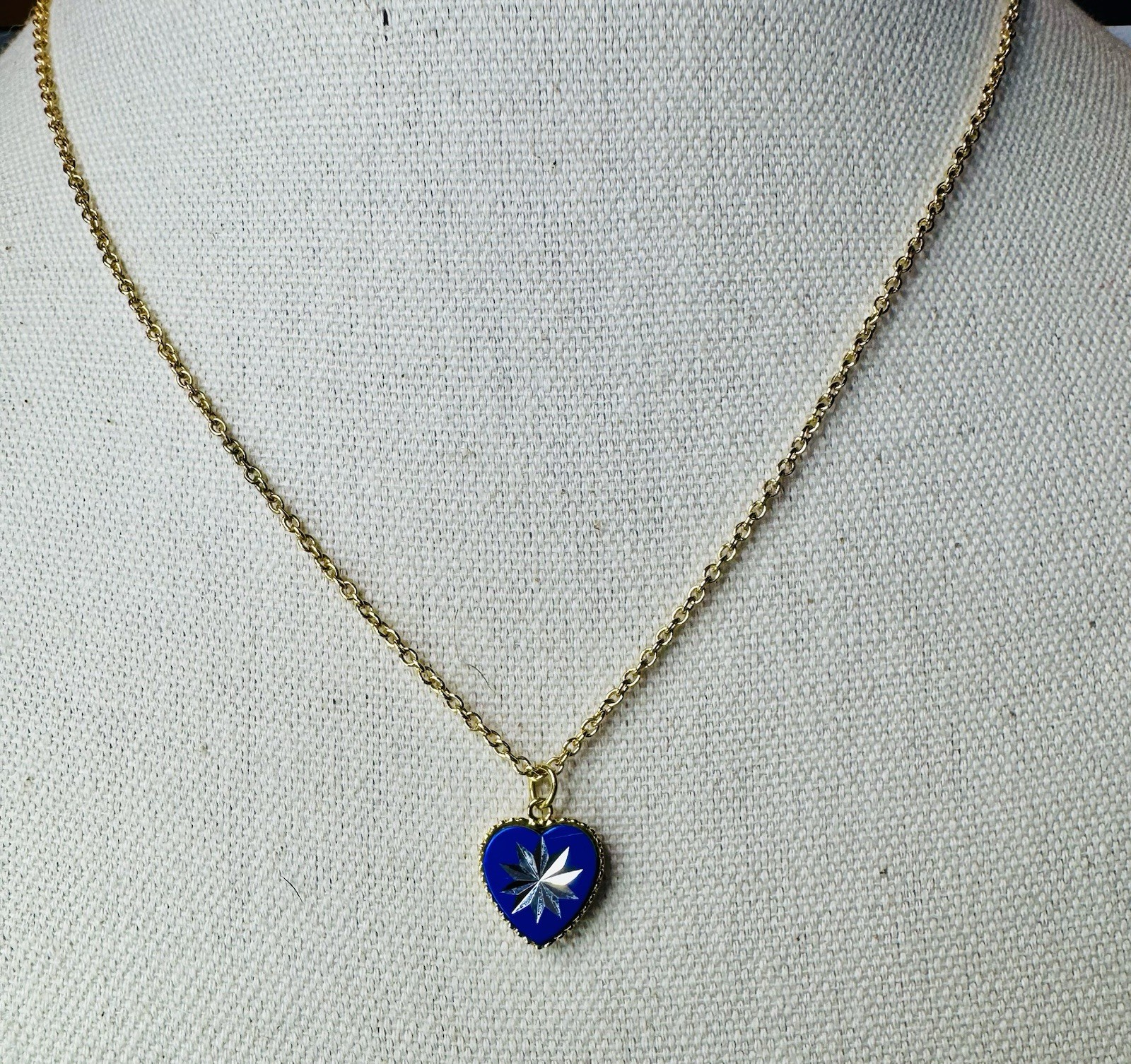Vintage Blue Enamel Double Sided Gold Necklace