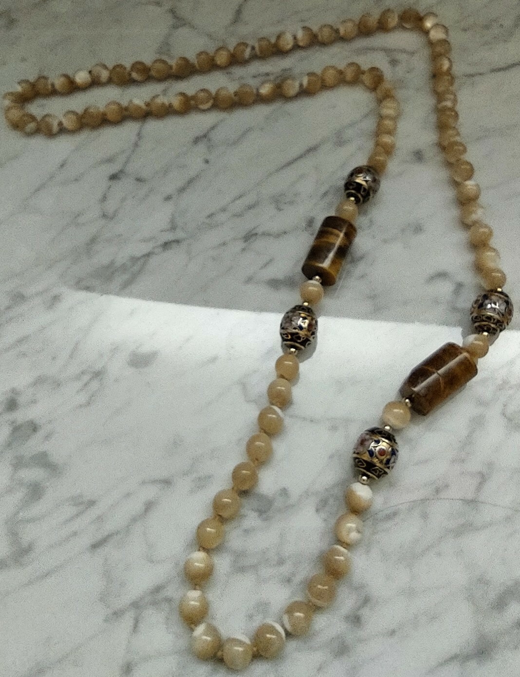 Vintage TIGER EYE Rutilated Jade Bead, Hand Knotted Silk Cloisonne 32″ Necklace