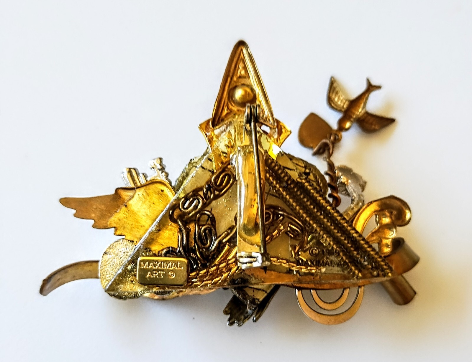 1980s Maximal Art John Wind Heart Brooch w/ Hand, Key & Charms