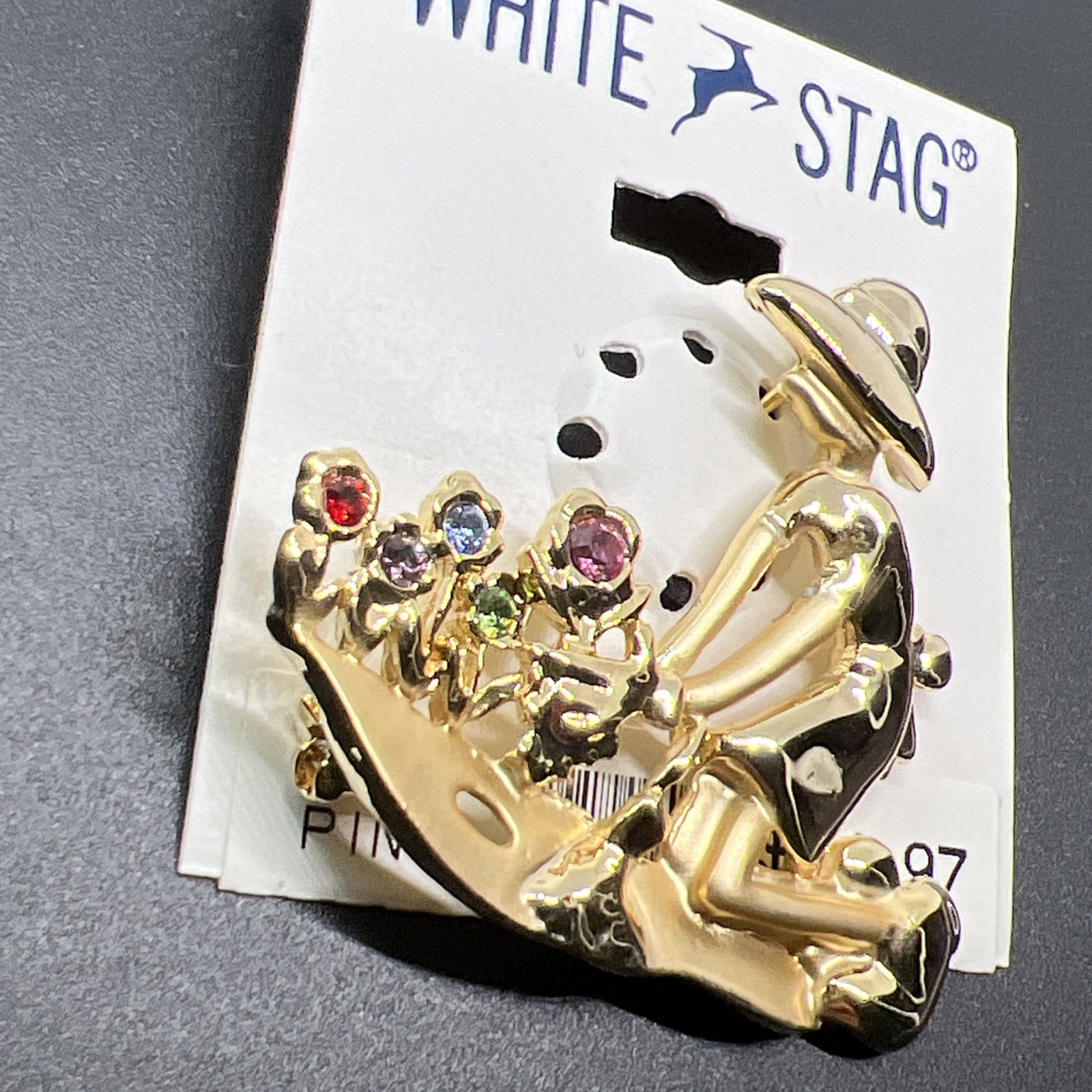 New White Stag Gold Tone Gardener Gardening Planting Flowers Brooch Rhinestones