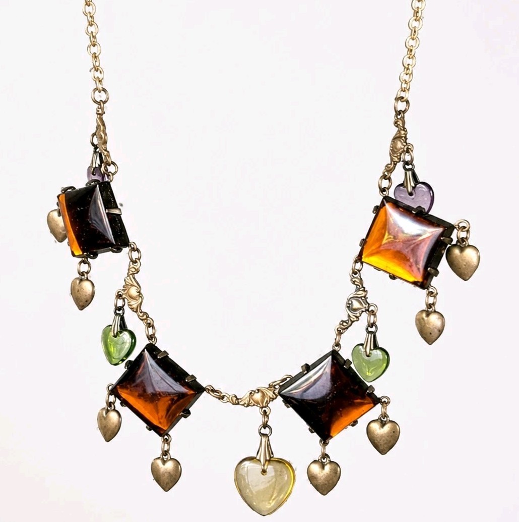Vtg Art Glass Works Studio Brass Heart Charm Statement Necklace Amber Multi