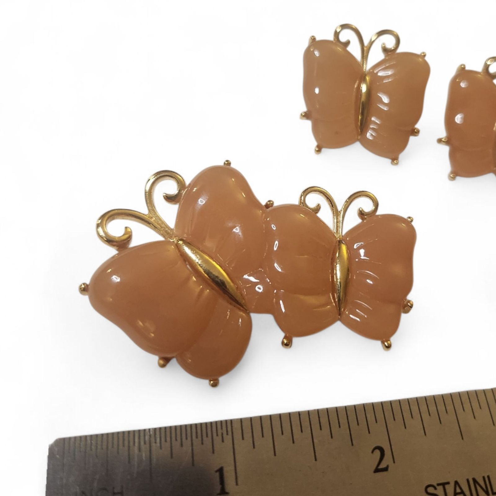 Vintage 1950s Butterfly Post Earrings & Brooch Set Pink Peach Gold Tone Jewelry