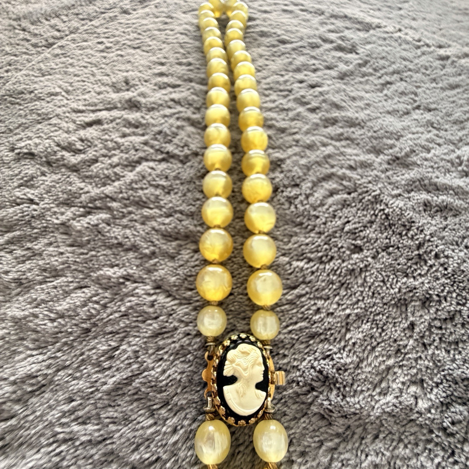 Cameo Necklace Butterscotch Vintage 1950s Yellow Lucite Double Strand