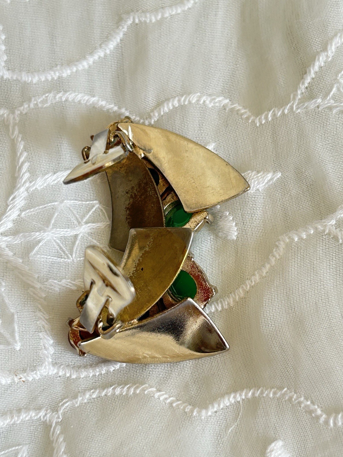 Vintage Multi Cabochon Clip Earrings Green Blue Red Fan Shield Gold Tone