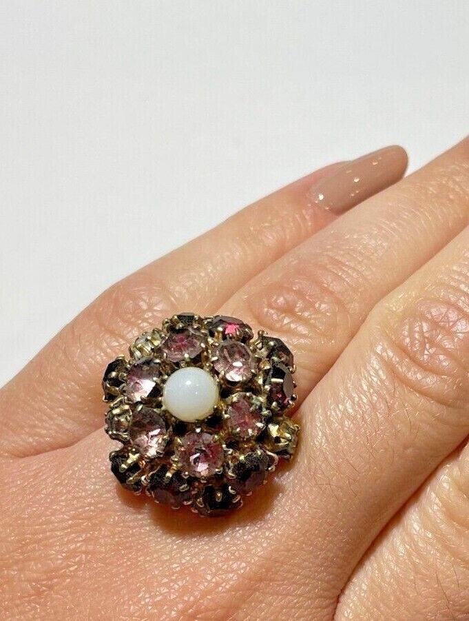 Vintage Art Deco Purple Pink White Cluster Rhinestones Adjustable Sz 6 Ring