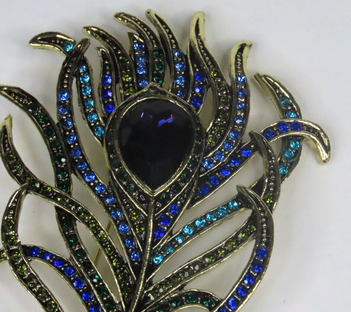 Rosemarie Collection Blue, Green, Aqua, and Purple Rhinestone Feather Brooch