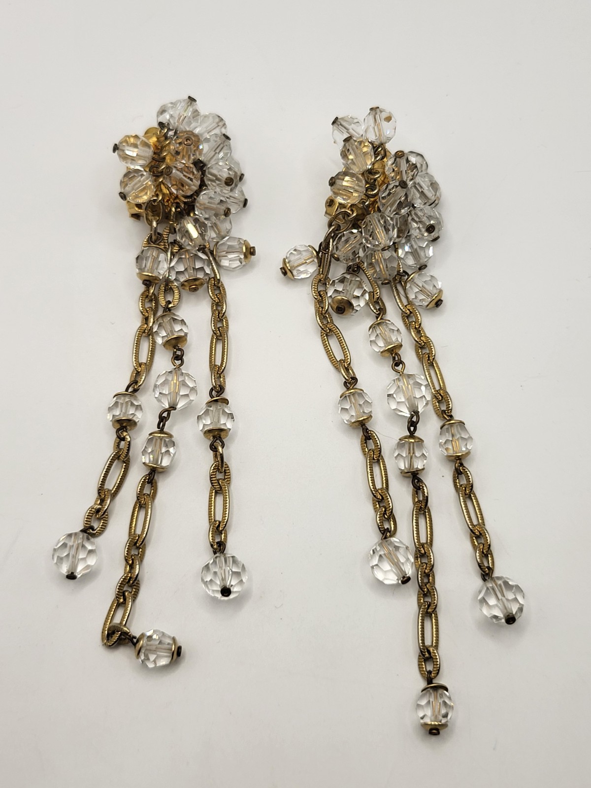 Vintage French Crystal Chandelier Earrings Convertible Clip/Pierced 5″ Dangles