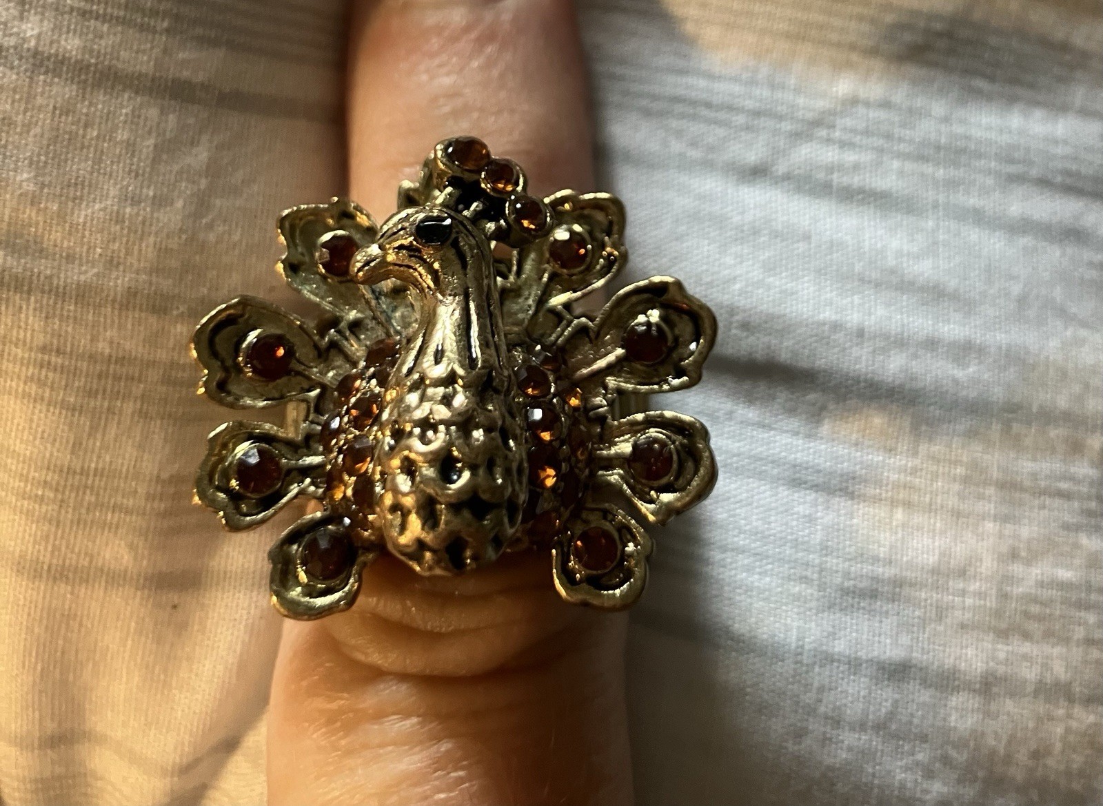 Peacock Expanding Ring Gold Tone Amber Color Fashion Jewelry Vintage Statement