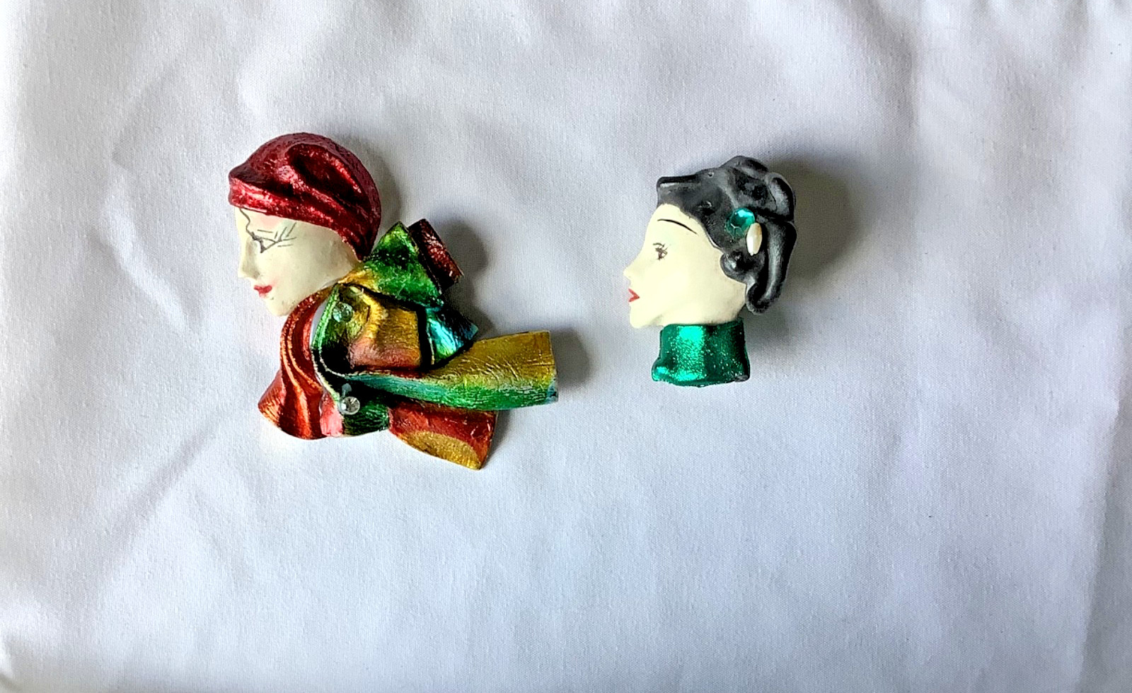 3 Vtg Art Deco Style Lady Face Vogue Brooch Pin Head Rainbow Foil Resin B113