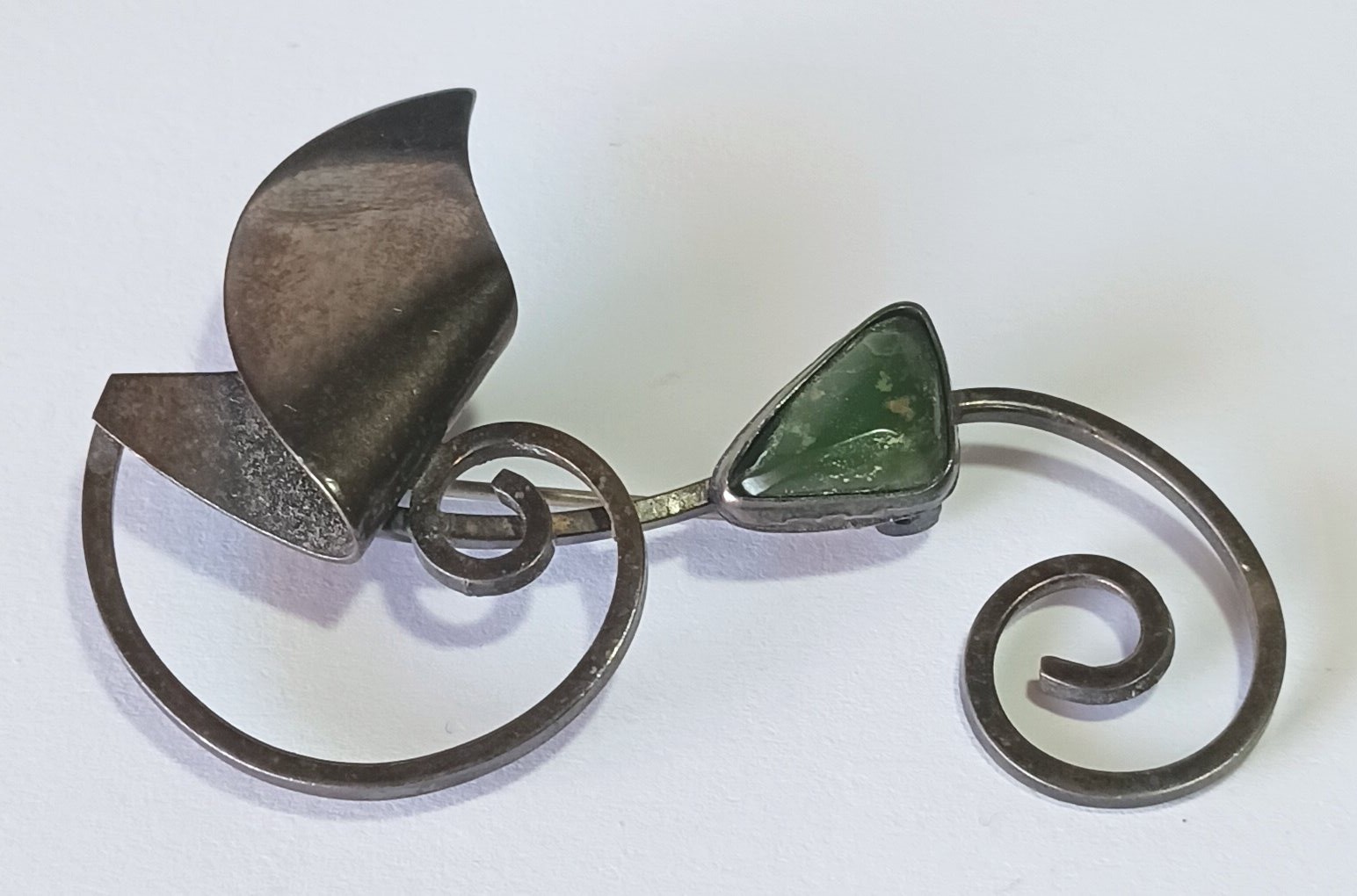Vintage Dark Metal Swirls Brooch w/ Triangular Dark Green Stone (Jade? Agate?)