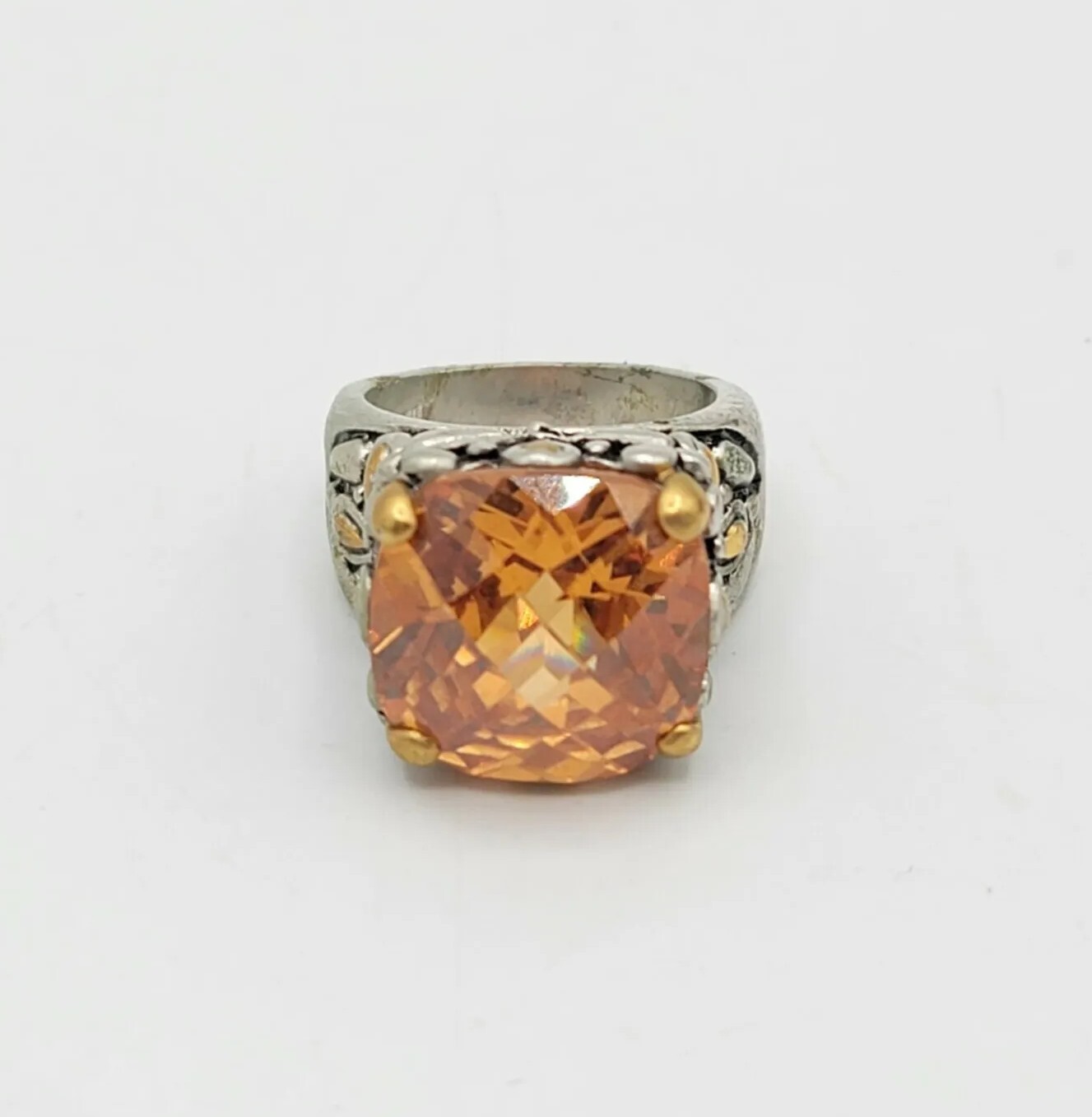 Vtg Sz 6 Ring Lg Citrine Topaz Cubic Zirconia Flower Medieval Fashion Jewelry
