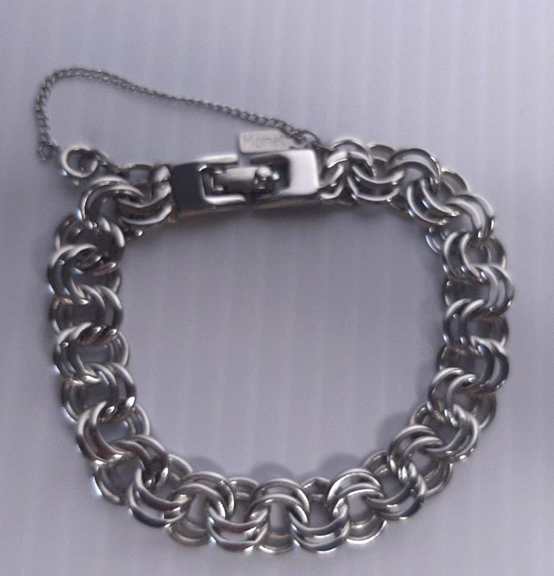 Vintage 7.5″ Double Link Charm Bracelet Silver Tone Safety Chain Security Clasp