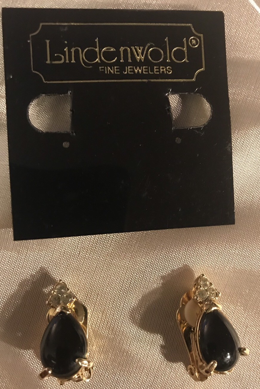 Lindenwold Pear Shape Black Onyx & Swarovski Crystal Clip-on Earrings 14k HGE