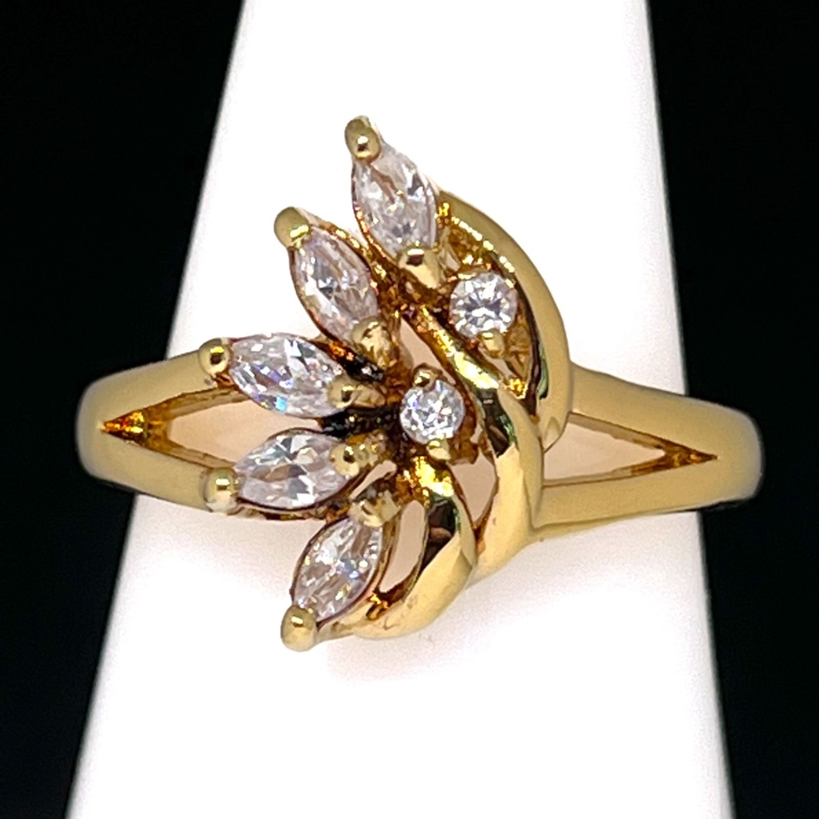 Vintage 1970s Ring Size 8 CZ Cluster Marquise Prong Set Gold Plated – 14I