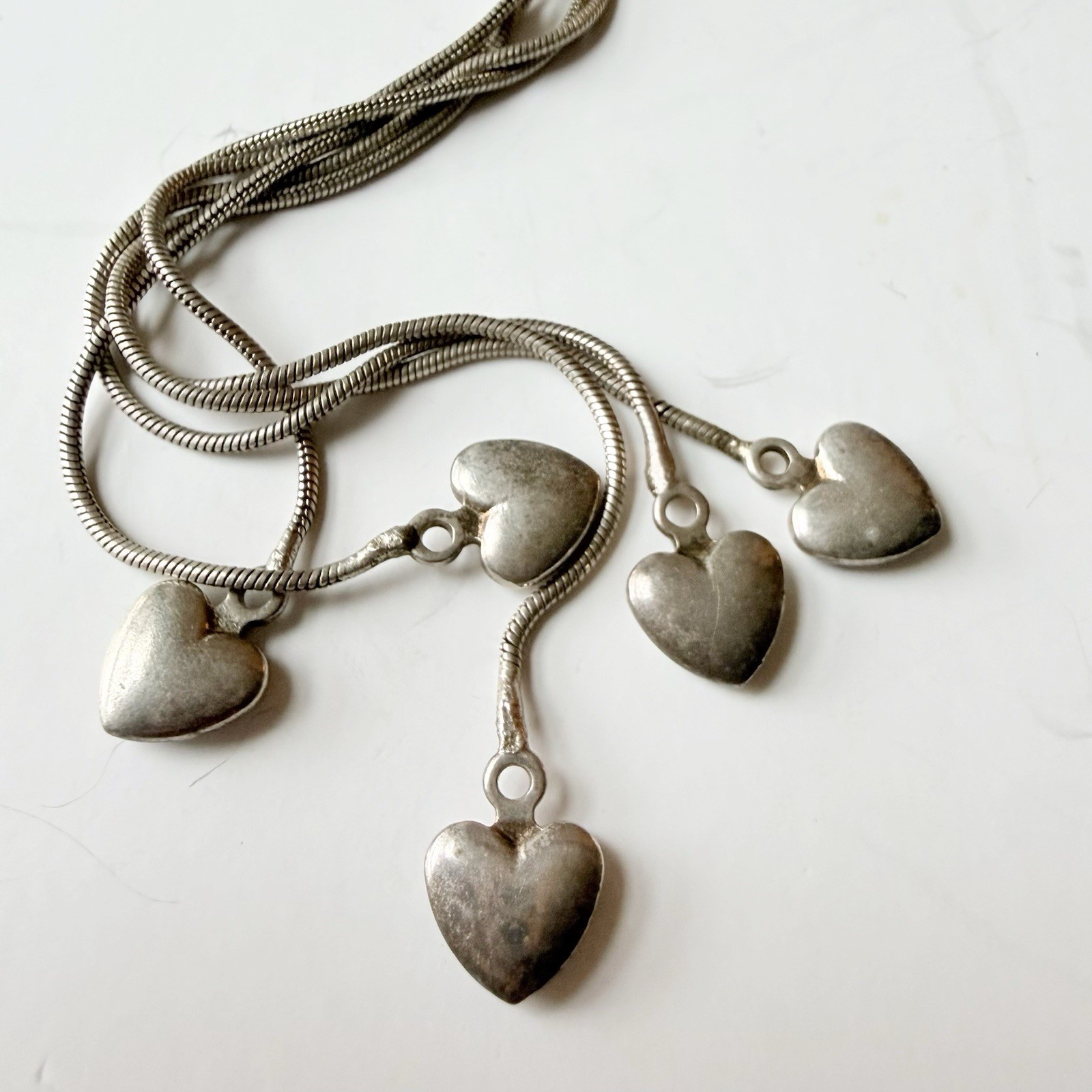 Dangling Hearts 5 Strand Lariat Snake Chain Sterling Silver 925 Necklace 18”