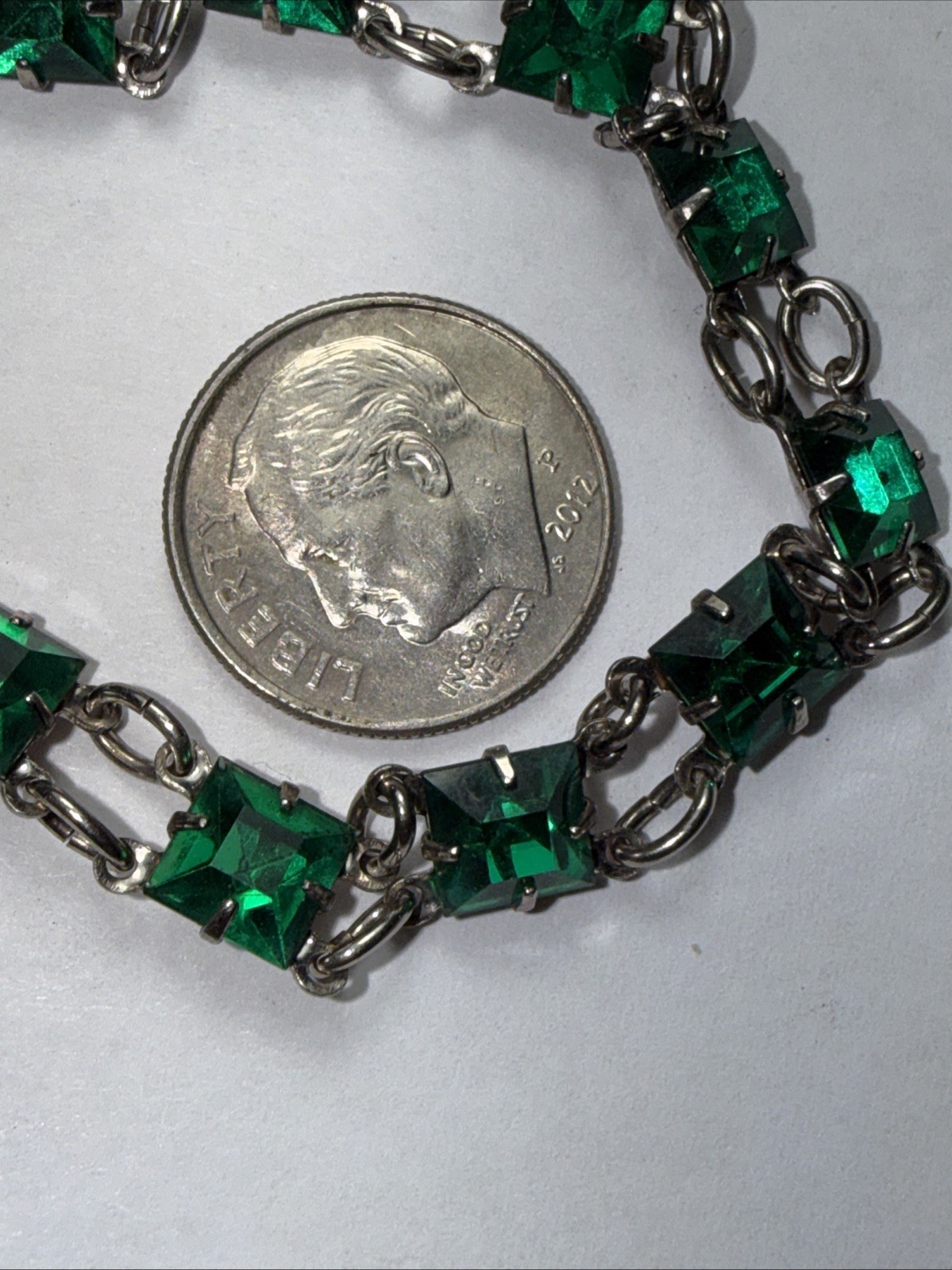 Bracelet Art Deco Paste Gwen Emerald Glass Sterling Silver Square Stone Antique