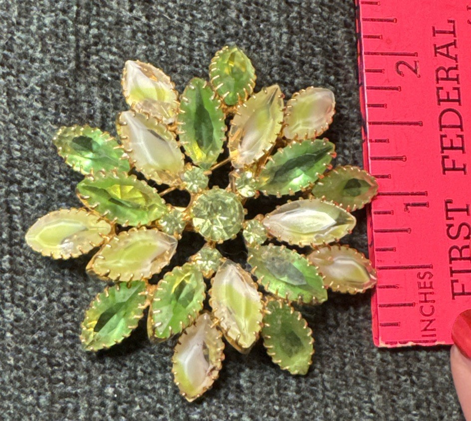 Gold-tone Brooch With Lime Green Givré And Opalescent Marquise-Cut Rhinestones