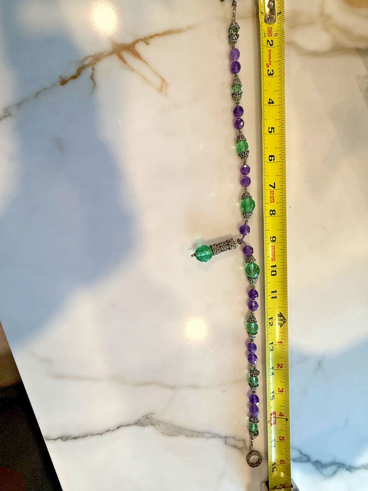 Vintage Sterling Necklace Boho Amethyst and Green Faceted Bead with Drop Crystal