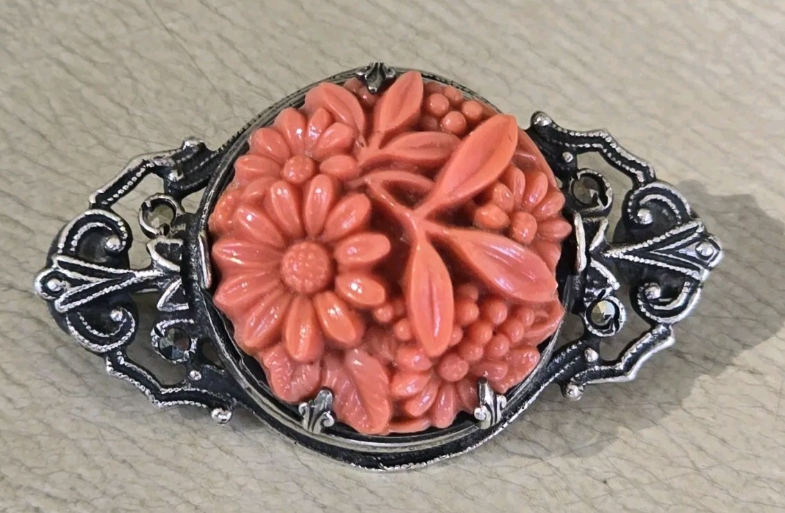 Vintage Sterling Marcasite Coral Colored Molded Peking Glass Brooch Pin